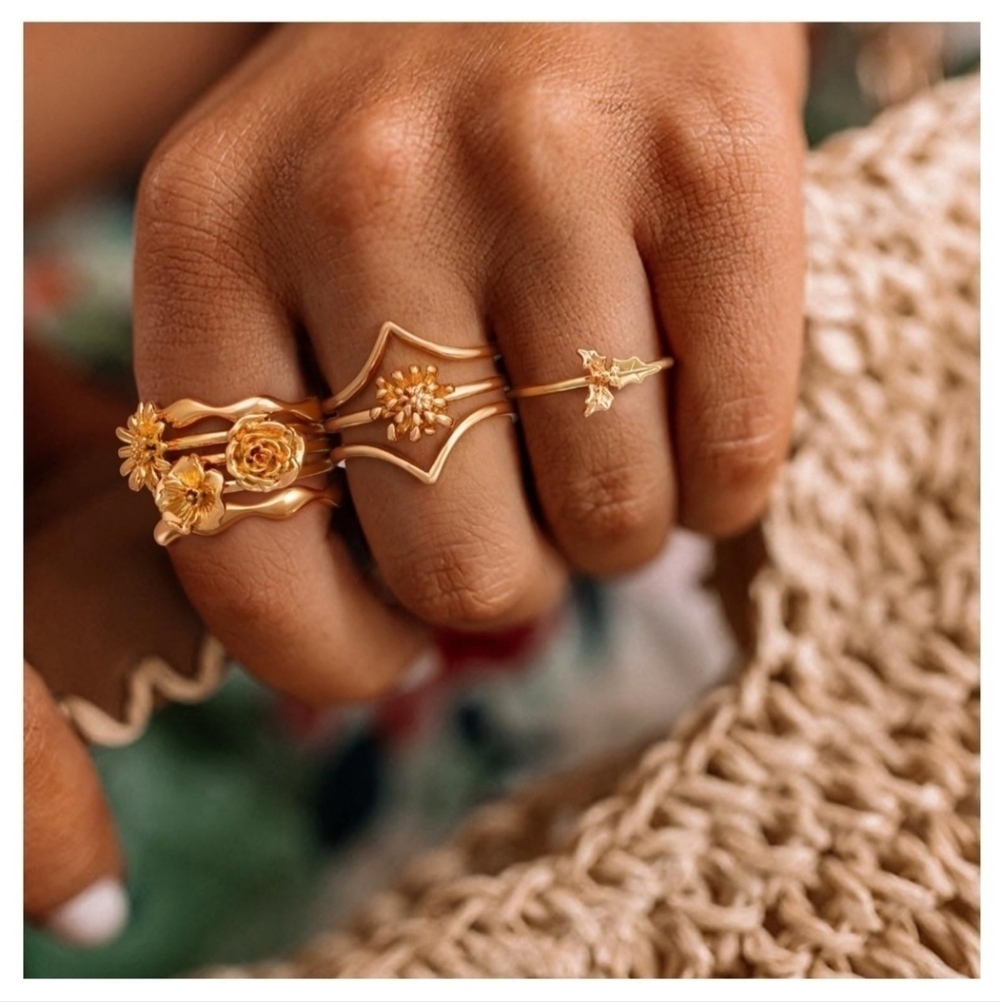 Birth Flower 14K Gold Plated Ring Zodiac Astrology Birthday Stacker Dainty NEW 7